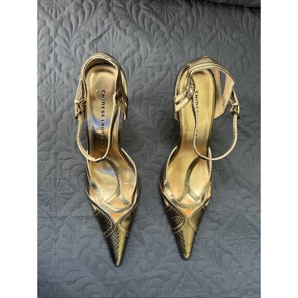 Chinese Laundry VEDA Pointed Toe T-Strap Bronze Gold Snakeskin Pumps SZ 9M Glam - Picture 2 of 13